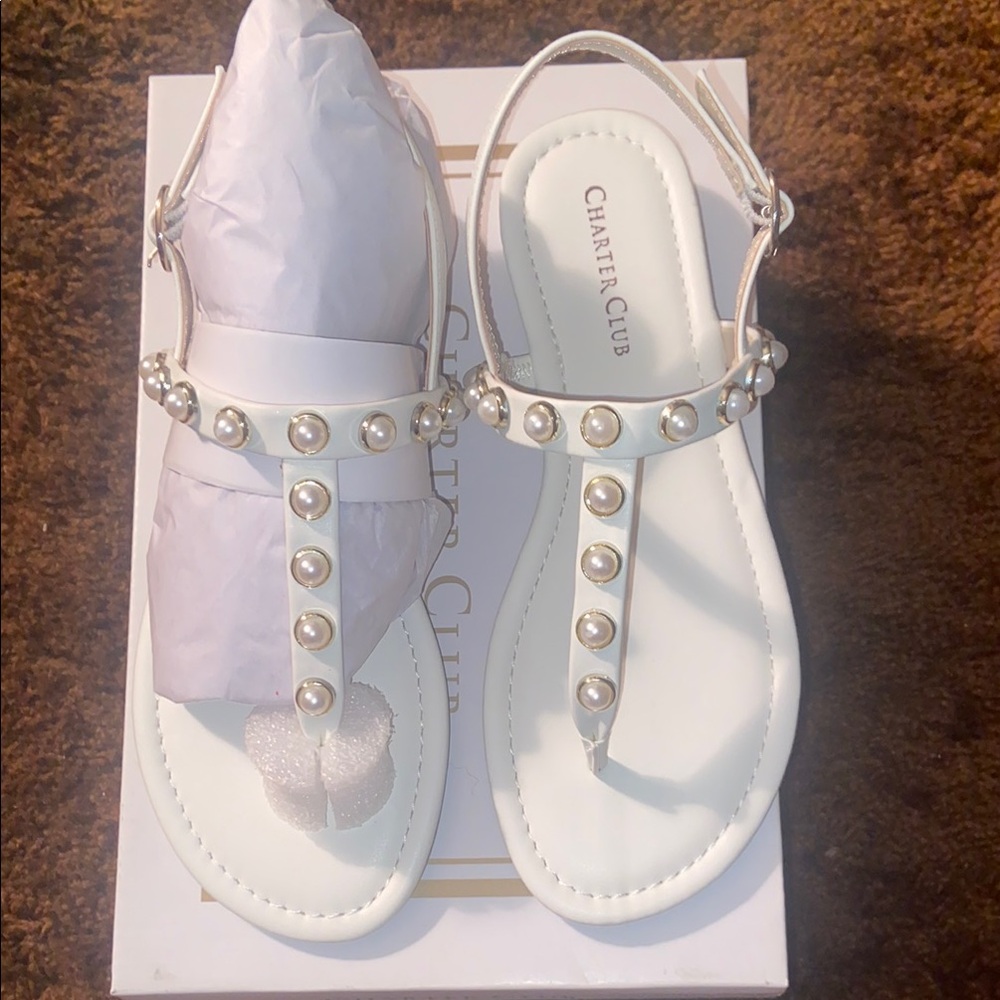 Charter Club White T-Strap Sandals with Pearl Embellishments